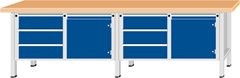 Werkbank Breite 2800 mm, Gestellbauweise, 2 Türen, 6 Schubladen mit Vollauszug, Buchemassivplatte.