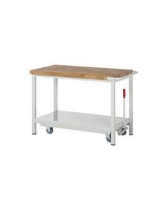 Fahr- und absenkbare Werkbank, Gestellbauweise Serie 8000, 1 Ablageboden, BxT 1500 x 700 mm.
