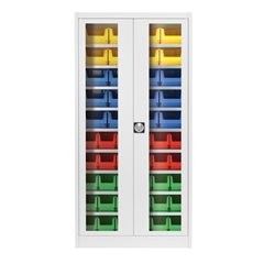 Sichtfenster-Flügeltürenschrank, mit 50 Sichtlagerkästen, lichtgrau.