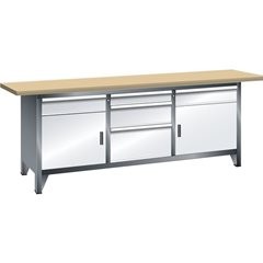 Werkbank Breite 2000 mm, Gestellbauweise, 5 Schubladen, 2 Türen, 2 Fachböden, Ko