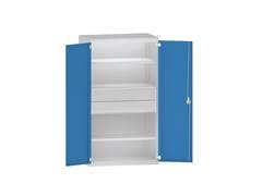 Schwerlastschrank aus Stahl, 3 Fachböden, 2 Schubladen 180 mm hoch, lichtgrau/lichtblau.