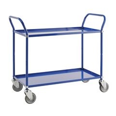 Leichter Etagenwagen Höhe 940 mm, mit 2 Metallböden, blau, 2 Lenkrollen mit Stopp.