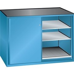 Schiebetürenschrank, Traglast Auszugboden 200 kg, 4 Verstellböden, 2 Auszugböden, lichtgrau.