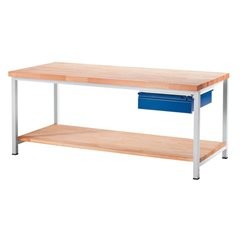 Werkbank, Gestellbauweise, 1 Schublade Größe L, 1 Ablageboden Buche massiv, Tiefe 900 mm, Breite 150