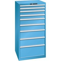 Schubladenschrank, 9 Schubladen, BxTxH 717 x 725 x 1450 mm, grau metallic / lichtgrau.