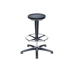 Arbeitshocker mit Gasfeder-Höhenverstellung, Sitz aus PU-Schaum, mit Gleitern und Fußring.