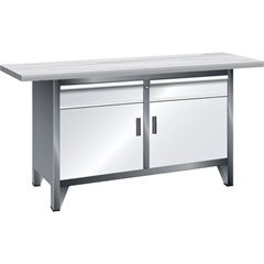 Werkbank Breite 1500 mm, Gestellbauweise, 2 Böden, 2 Schubladen, 2 Türen, Korpus lichtgrau, Front li