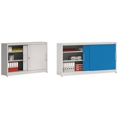 Schiebetürschrank Höhe 1000 mm, mit Mitteltrennwand und 2 x 2 Fachböden, Breite 2000 mm, Tiefe 420 m
