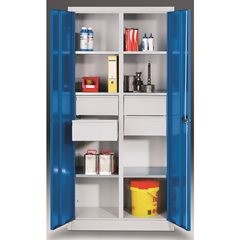 Materialschrank aus Stahlblech, 6 Fachböden, 4 Schubladen, HxBxT 1950 x 930 x 500 mm, lichtgrau.