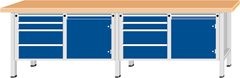Werkbank Breite 2800 mm, Gestellbauweise, 2 Türen, 8 Schubladen mit Teilauszug, Buchemassivplatte.