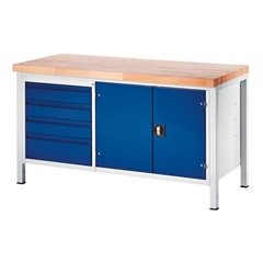 Werkbank, Gestellbauweise, 4 Schubladen Größe L, 1 Werkzeugschrank, Tiefe 700 mm, Breite 1500 mm.