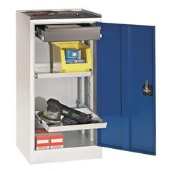 Werkzeug- und Beistellschrank, 1 Schublade, 2 Fachböden, Tür enzianblau.