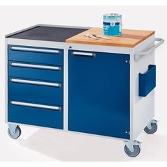 Kompaktwerkbänke, fahrbar, 4 Schubladen, 1 Tür, Arbeitsfläche Holz / Metall, anthrazit / lichtgrau.