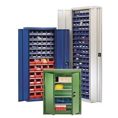 Materialschrank mit Lagerkästen, Höhe 780 mm, 4 Fachböden, enzianblau.