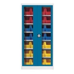 Sichtfenster-Flügeltürenschrank, mit 28 Sichtlagerkästen, lichtgrau / brillantblau.