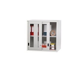 Aufsatzschrank mit Schiebetüren, Türen mit Sichtfenster, HxBxT 1000 x 1431 x 725 mm, lichtgrau.