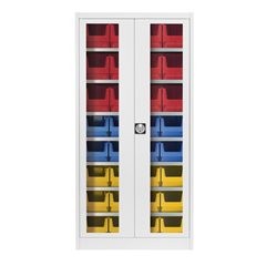 Sichtfenster-Flügeltürenschrank, mit 32 Sichtlagerkästen, lichtgrau.