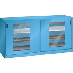 Schiebetürenschrank mit Sichtfenstertüren, 2 Fachböden, 4 Auszugböden, 2 Schubladen, lichtgrau.