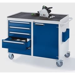 Kompaktwerkbänke, fahrbar, 5 Schubladen, 1 Tür, Metallablage mit Gummimatte, anthrazit / lichtgrau.