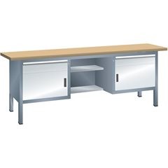 Werkbank, Gestellbauweise, 2 Schuladen, 2 Türen, 4 Fachböden, Korpus lichtblau, Front lichtblau.