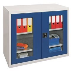 Flügeltürschrank, mit Sichtfenstertüren, 2 Fachböden, lichtgrau.