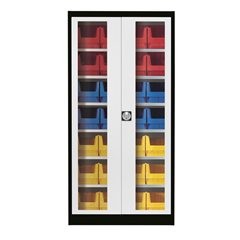 Sichtfenster-Flügeltürenschrank, mit 28 Sichtlagerkästen, graphitschwarz / lichtgrau.