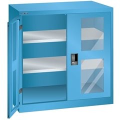 Flügeltürenschrank, 2 Fachböden, Breite 1000 mm, mit Sichtfenster, lichtgrau.