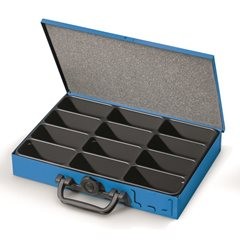 Stapelturm mit 4 Sortimentskoffern, Einleger mit 12fach-Einteilung, Koffer grau.