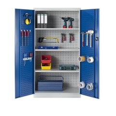 Werkzeugschrank mit Lochprägung, 3 Fachböden, Türen enzianblau.