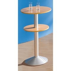 Bistrotisch mit Gusseisenfuß, 2 Tischplatten, Abstand 30 cm, Buche-Dekor, Säule alufarben.