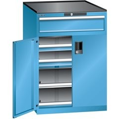 Schubladenschrank mit Flügeltüren, Höhe 1020 mm, 2 Böden, 3 Schubladen, Traglast 200 kg, lichtgrau.