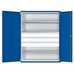Schwerlastschrank JUMBO mit 3 Fachböden, 3 Schubladen à 180 mm, HxBxT 1950 x 1484 x 690 mm.