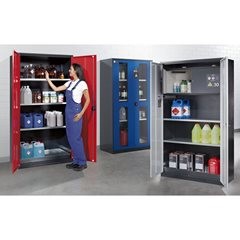 Chemikalienschrank, Tür mit Sichtfenstern, mit Gefahrstoffbox Typ 30, goldgelb.