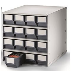 Schubladenmagazin, Gehäuse-Traglast 75 kg, HxBxT 395 x 376 x 400 mm, 16 Schubladen, Schubladen grau.