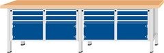 Werkbank Breite 2800 mm, Gestellbauweise, 4 Türen, 8 Schubladen, Buchemassivplatte.