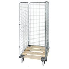 Drahtgitterbehälter mit Holz-Rollplatte, 3-seitig, Nutzhöhe 1585 mm.