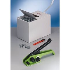 Umreifungs-Set, PET-Kraftband verleimt, Spanngerät, Band im Spenderkarton, Metallklemmen, Packmesser