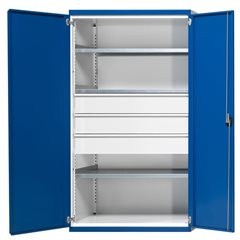 Schwerlastschrank mit 3 Fachböden, 3 Schubladen à 180 mm, HxBxT 1950 x 1084 x 690 mm.