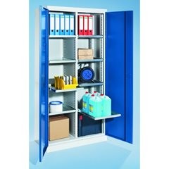 Materialschrank, Breite 950 mm, 8 Ausziehböden, 1 Mitteltrennwand, Tür enzianblau.
