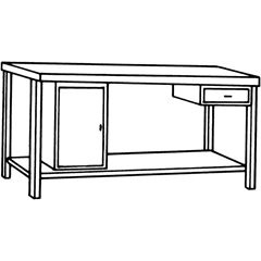 Edelstahl-Arbeitstisch, 1 Unterbauschrank, 1 Schublade, 1 Fachboden voll, Breite 1800 mm.