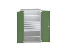 Schwerlastschrank aus Stahl, 3 Fachböden, Schubladen 3 x 120 mm, 1 x 180 mm hoch, lichtgrau/lichtgra