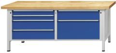 Werkbänke 2000 mm breit, Gestellbauweise, 6 Schubladen, Buchemassivplatte, Höhe 890 mm.