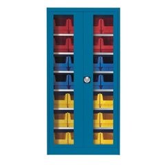 Sichtfenster-Flügeltürenschrank, mit 28 Sichtlagerkästen, brillantblau.