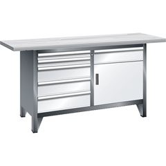 Werkbank Breite 1500 mm, Gestellbauweise, 1 Boden, 6 Schubladen, 1 Tür, Korpus grau metallic, Front