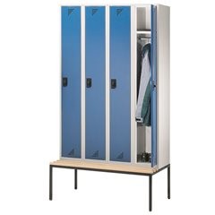 Spind Bremen Sitzbank, 4 Abteile, Türen brillantblau, Breite 1200 mm.