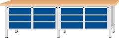 Werkbank Breite 2800 mm, Gestellbauweise, 12 Schubladen, 180 mm mit Vollauszug, Buchemassivplatte.