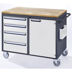 Kompaktwerkbänke, fahrbar, 4 Schubladen, 1 Tür, Holzarbeitsfläche, anthrazit / lichtgrau.
