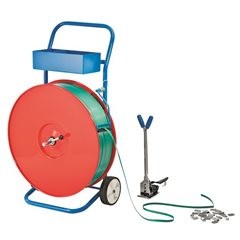 Umreifungs-Set, PET-Band, Spann- und Verschlussgerät, fahrbarer Abroller, Band, Verschlusshülsen, Ba