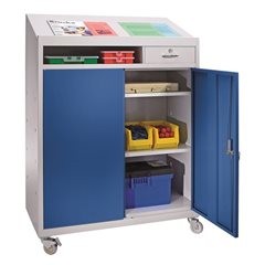Werkzeugschrank mit Schreibpult, HxBxT 1220 x 915 x 457 mm, lichtgrau / enzianblau.