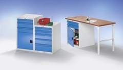 Werkzeugschrank, BxT 600 x 600 mm, Höhe 1000 mm, 3 Schubladen, 1 Tür, lichtgrau.